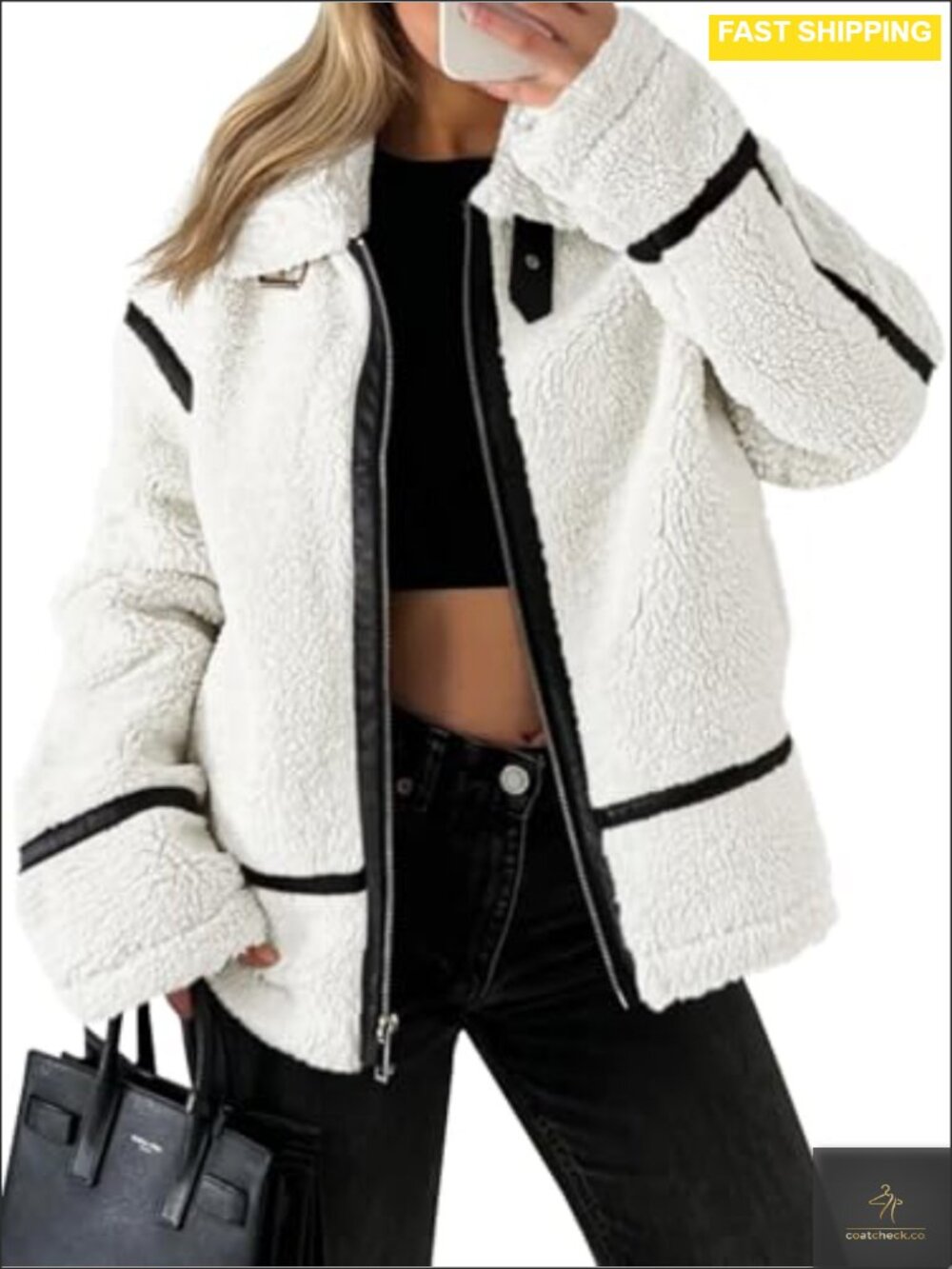 Womens Faux Fur Jacket Sherpa Moto Zip Up Coat Cropped Oversized
